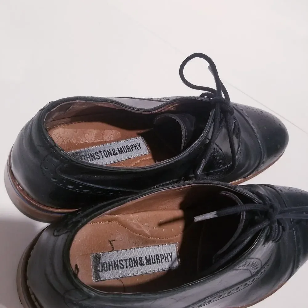 Johnston & Murphy Black Leather Cap Toe Oxford Shoes